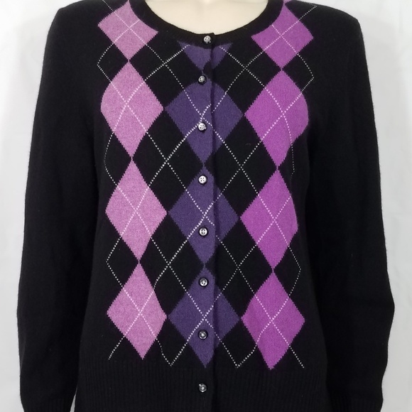 Apt. 9 Sweaters - Apt. 9 black purple argyle Cashmere cardigan Large